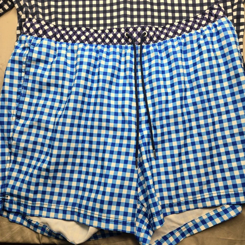 Draper James x Lands End Mens Gingham Polo and Swim Trunks‎ Set Blue Navy XL